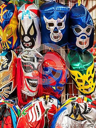 Lucha Libre Masks on Sale at Street Market in San Miguel de Allende, Mexico Stock Photo