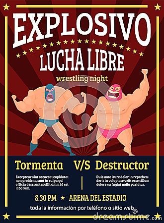 Lucha libre poster. Retro placard announced fighting match of mexican wrestlers luchador vector muscle characters Vector Illustration