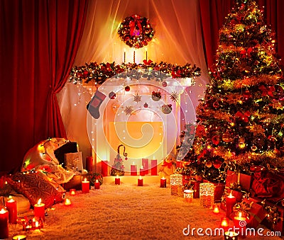 Luci dell'albero del camino della stanza di natale, decorazione ... Disegno Natale camino