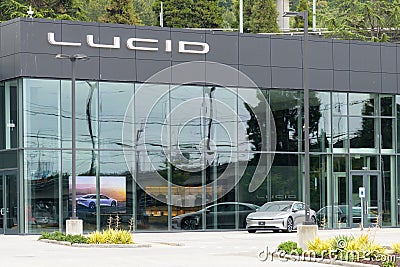 Lucid electric car Service Center in Seattle with name and vehicle Editorial Stock Photo