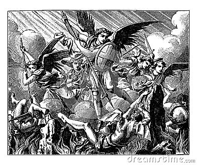 Lucifer`s Fall from Heaven - Michael and Other Angels Fight Against the Vanquished Angels vintage illustration Vector Illustration