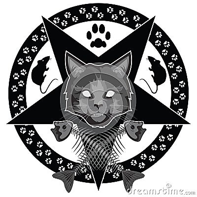 The Lucipurr - evil cat, pentagram and crossed fish bones Vector Illustration
