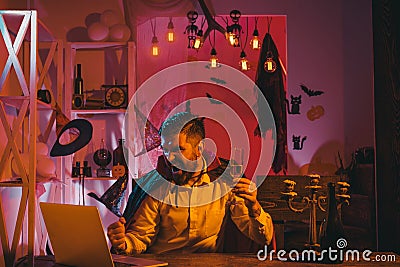 Luck. Online sales. Happy man with laptop celebrates victory. Successful businessman. Business magic. Stock Photo