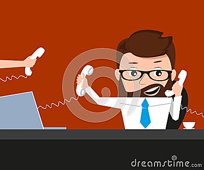 Lucky businessman is speaking via three phones Vector Illustration