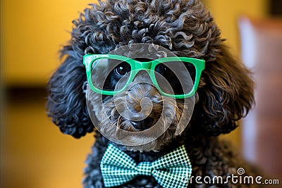 Lucky Canine Fashion. Green Glasses-Wearing Dog Delights in St. Patricks Day Festivities Stock Photo