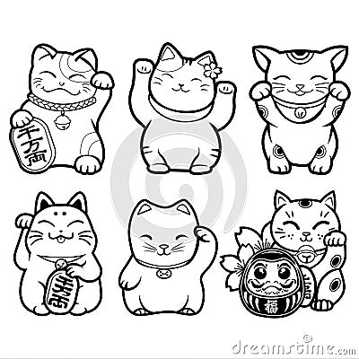 Lucky Cat Maneki Neko black & white Set Vector Japan Vector Illustration