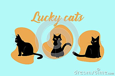 Lucky cats. Black fur kittens. Cute cartoon domestic animals. Veterinary poster. Fluffy pussycats. Phrase calligraphic Vector Illustration