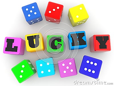 LUCKY concept on colored toy blocks between colored dice Stock Photo