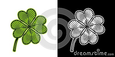 Lucky four-leaf clover in vintage engraving style Cartoon Illustration