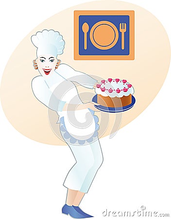 Lucky girl chef with cake Vector Illustration
