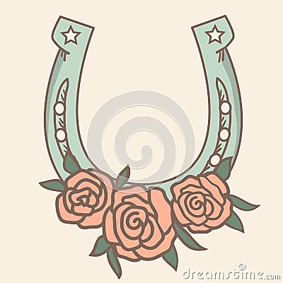 Lucky Horseshoe with floral decorations. Vector vintage illustration clipart isolated for design Vector Illustration