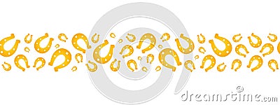 Lucky horseshoe. Gold. Seamless vector pattern. Isolated colorless background. Endless horizontal border. Flat style. Good luck. Vector Illustration