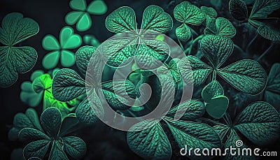 Lucky Irish Four Leaf Clover in the Field for St. Patricks Day. Close up of a bunch of green clover. Generative AI wallpaper Stock Photo