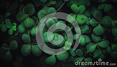 Lucky Irish Four Leaf Clover in the Field for St. Patricks Day. Close up of a bunch of green clover. Generative AI wallpaper Stock Photo