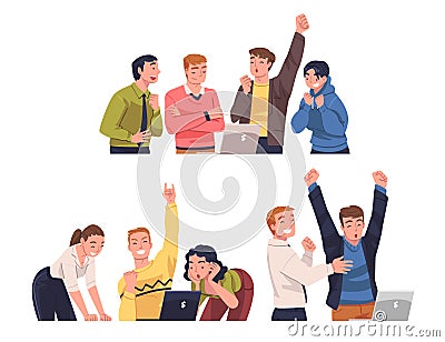 Lucky People Character Celebrating Success and Victory Looking at Laptop Screen Vector Set Vector Illustration