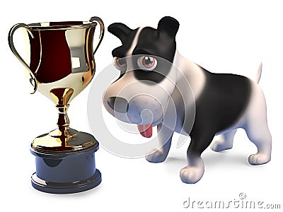 Lucky puppy dog has won the gold cup trophy award, 3d render Cartoon Illustration