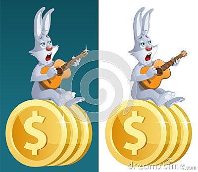 Lucky rabbit with guitar sings about successful business. Vector Illustration