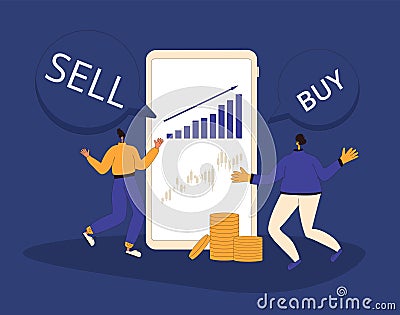 Lucky retail investors. Happy people dancing near a phone screen with graph of shares rally. Investment concept. Stock market Vector Illustration