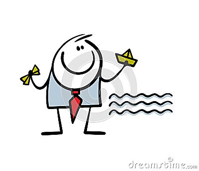 Lucky, rich stickman man holds a lot of money in hand. Vector illustration businessman makes paper boats out of dollars Vector Illustration