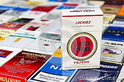 Lucky Strike pack on many different cigarettes photographed on March 25, 2017 in Prague, Czech republic. Editorial Stock Photo