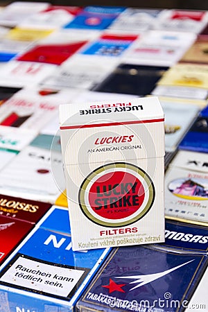 Lucky Strike pack on many different cigarettes photographed on March 25, 2017 in Prague, Czech republic. Editorial Stock Photo