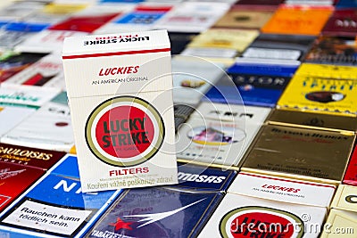 Lucky Strike pack on many different cigarettes photographed on March 25, 2017 in Prague, Czech republic. Editorial Stock Photo