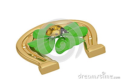 Lucky symbols golden horseshoe shamrock and ladybug isolated on Cartoon Illustration