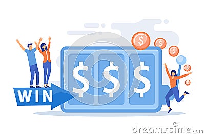 Lucky tiny people gambling and winning money at slot machine with dollar sign. Slot machine, money game winner, jackpot win Vector Illustration