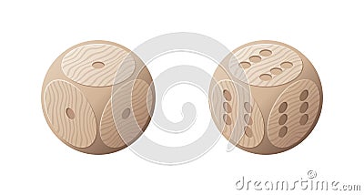 2 lucky and unlucky wooden game dice with round corners and wooden texture. Vector Illustration