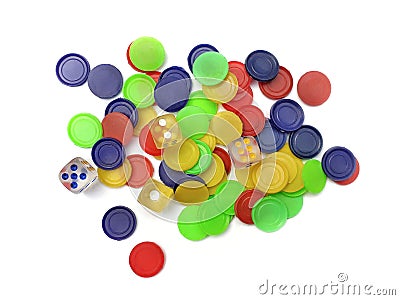 Ludo dice and colorful tokens isolated on white background. Stock Photo