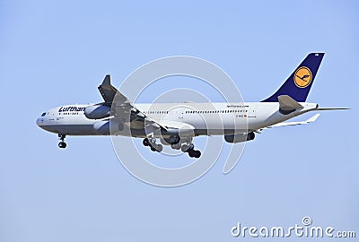 Lufhansa Airbus A340-313X, D-AIFD landing in Beijing, China Editorial Stock Photo