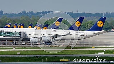 Lufthansa planes at terminal in Munich Airport, MUC Editorial Stock Photo