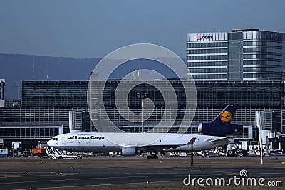 Lufthansa Cargo plane being in Frankfurt Airport Editorial Stock Photo