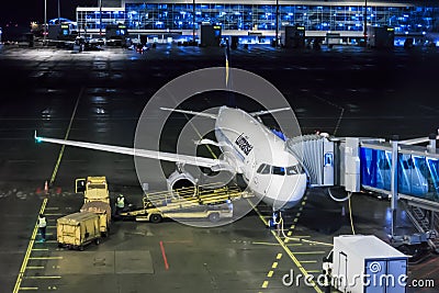 Lufthansa jet at night Editorial Stock Photo