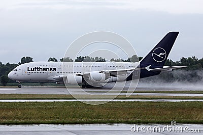 Lufthansa A380 plane taxiing in Munich Airport Editorial Stock Photo