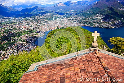 View of Lugano and Monte Bre from San Salvatore mountain, Lugano, Ticino, Switzerland Stock Photo