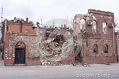LUGANSK ,UKRAINE - MARCH 25, 2016: The destroyed building after a mortar attack Editorial Stock Photo