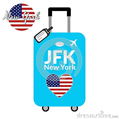 Luggage with airport station code IATA or location identifier and destination city name New York, JFK. Travel to the Vector Illustration