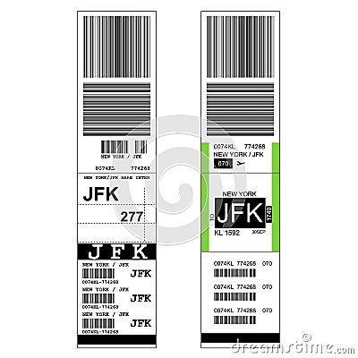 Luggage with airport sticker label - suitcase with tag and JFK New York airport sign Vector Illustration