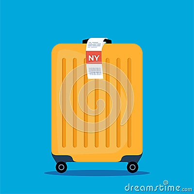 Luggage with airport sticker label. Suitcase with tag. Vector illustration Vector Illustration