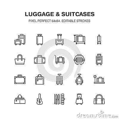 Luggage blue flat line icons. Carry-on, hardside suitcases, wheeled bags, pet carrier, travel backpack. Baggage Vector Illustration