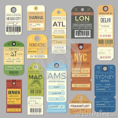 Luggage carousel baggage vintage tag symbols. Old train ticket and airline journey stamp symbol. London tour trip ticket Vector Illustration