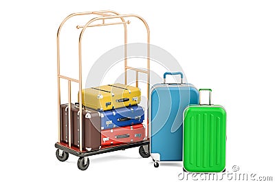 Luggage cart or hotel trolley with colored suitcases, 3D Stock Photo