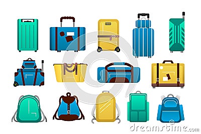 Luggage. Cartoon travel plastic suitcases and airport journey baggage, tourist trip backpack, bags and case collection Stock Photo