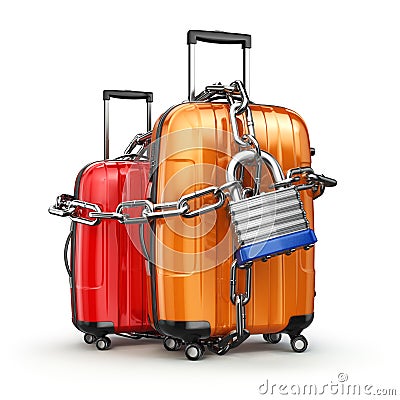 Luggage with chain and lock. Security and safety of baggage or e Stock Photo