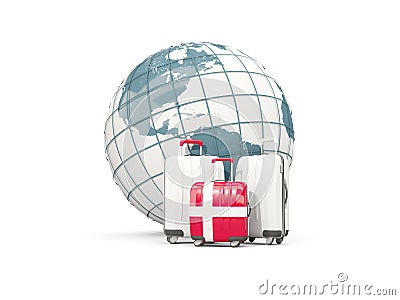 Luggage with flag of denmark. Three bags in front of globe Cartoon Illustration