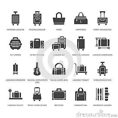 Luggage flat glyph icons. Carry-on, hardside suitcases, wheeled bags, pet carrier, travel backpack. Baggage dimensions Vector Illustration