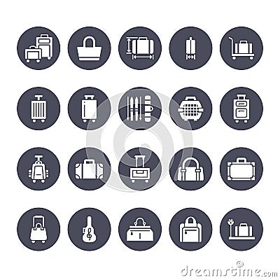 Luggage flat glyph icons. Carry-on, hardside suitcases, wheeled bags, pet carrier, travel backpack. Baggage dimensions Vector Illustration