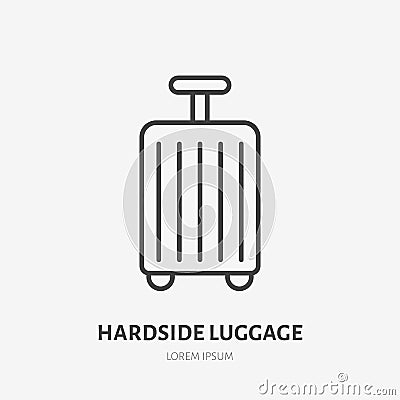 Luggage flat line icon. Wheeled suitcase sign. Thin linear logo for airport baggage rules Vector Illustration