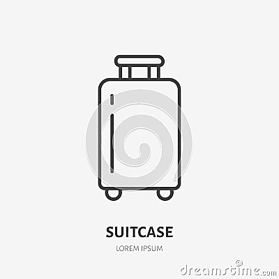 Luggage flat line icon. Wheeled suitcase sign. Thin linear logo for airport baggage rules Vector Illustration